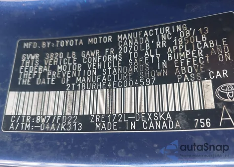 2014 Toyota Corolla S Plus из США, поврежденный, VIN 2T1BURHE4EC004597